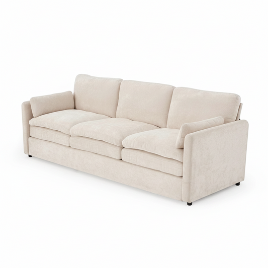 Direct Furniture Depot Aven 3 seater fabric lounge in beige with removable cushion covers on a white background