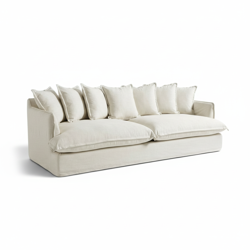 Direct Furniture Depot Hampton deep-seated white linen sofa with removable slip covers and plush scatter cushions