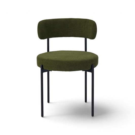 Direct Furniture Depot Lorne green boucle fabric dining chair with a contoured backrest and black metal legs.