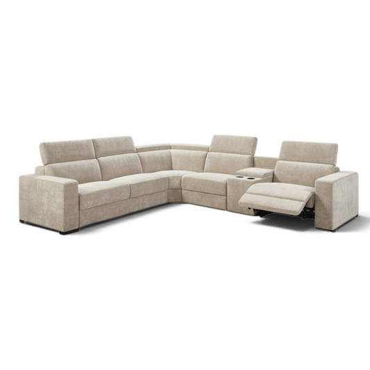 Direct Furniture Depot Renzo beige Nappa fabric modular corner lounge with electric recliner and console cupholders