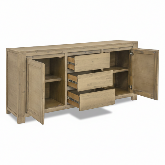 Direct Furniture Depot Watson buffet in warm timber finish with two doors and three open drawers for storage.