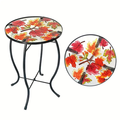 Outdoor Mosaic Side Table with Printed Maple Leaf Glass Top-0
