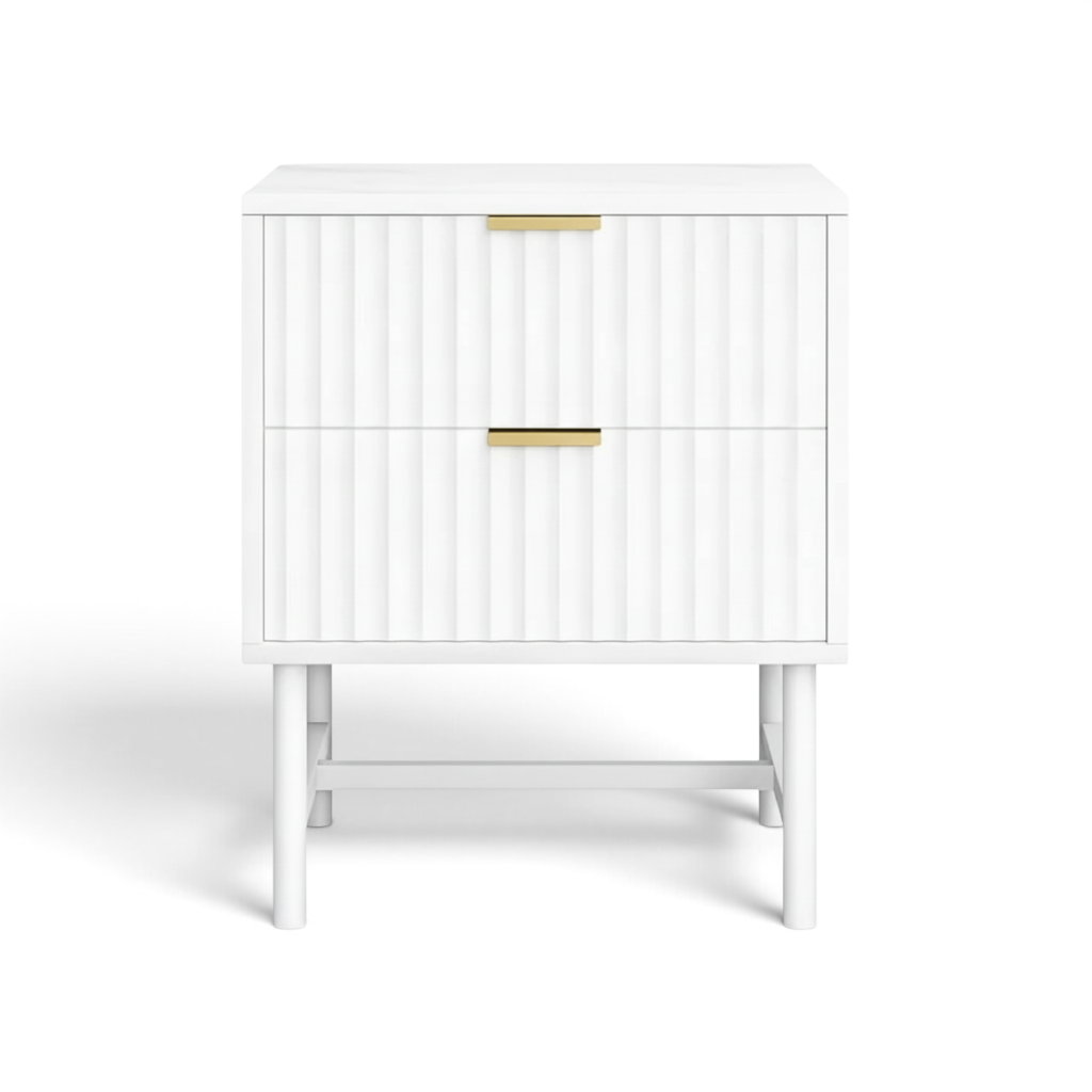 Direct Furniture Depot white 2 drawer bedside table with ribbed drawer fronts and gold handles on a white background.