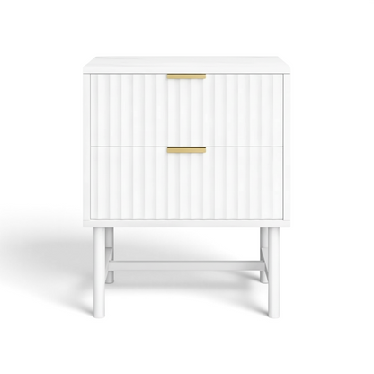 Direct Furniture Depot white 2 drawer bedside table with ribbed drawer fronts and gold handles on a white background.