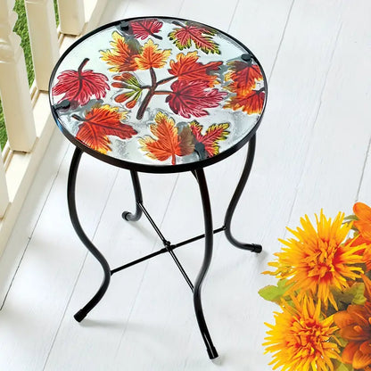 Outdoor Mosaic Side Table with Printed Maple Leaf Glass Top-4