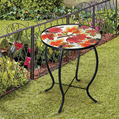 Outdoor Mosaic Side Table with Printed Maple Leaf Glass Top-3