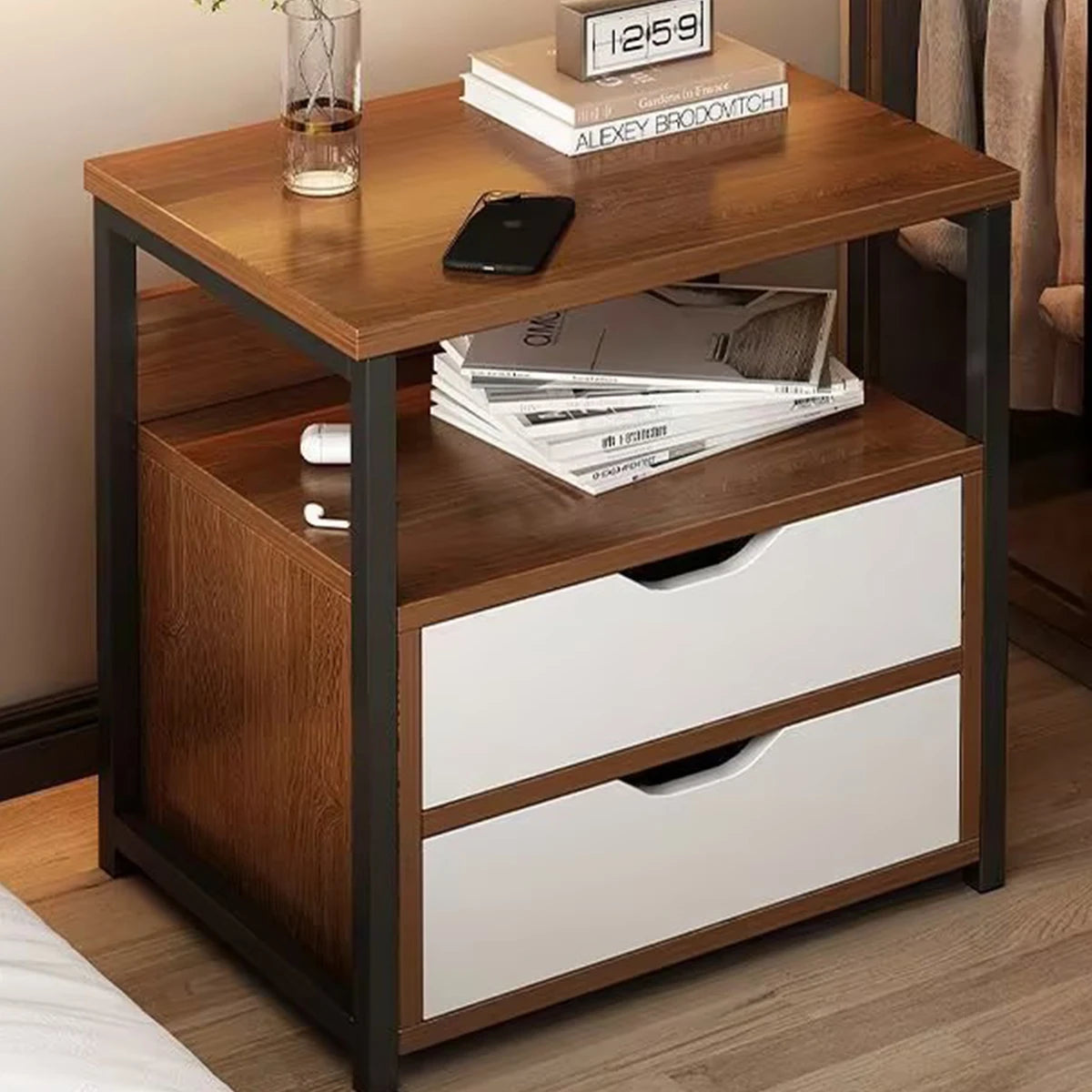 Modern Wood Bedside with 2 Drawers