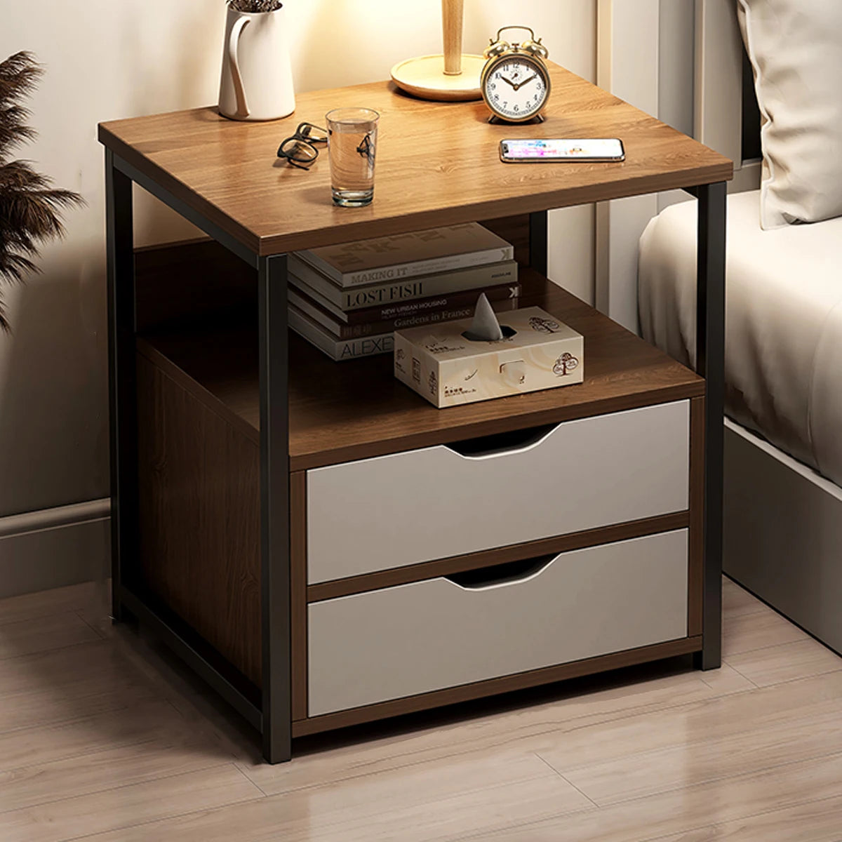 Modern Wood Bedside with 2 Drawers