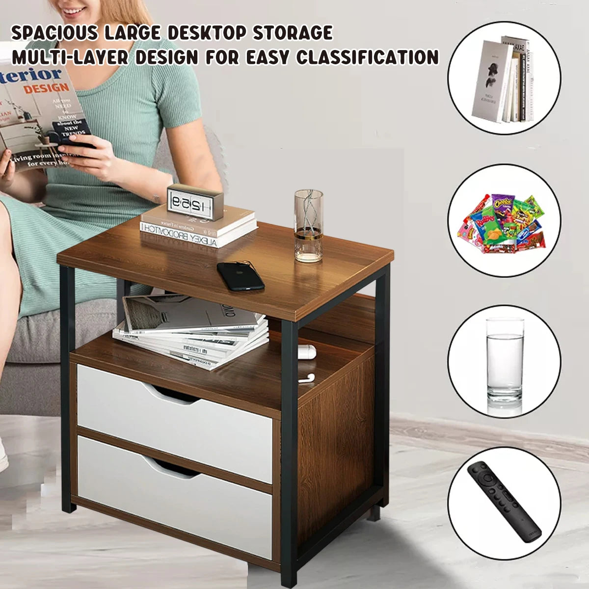 Modern Wood Bedside with 2 Drawers