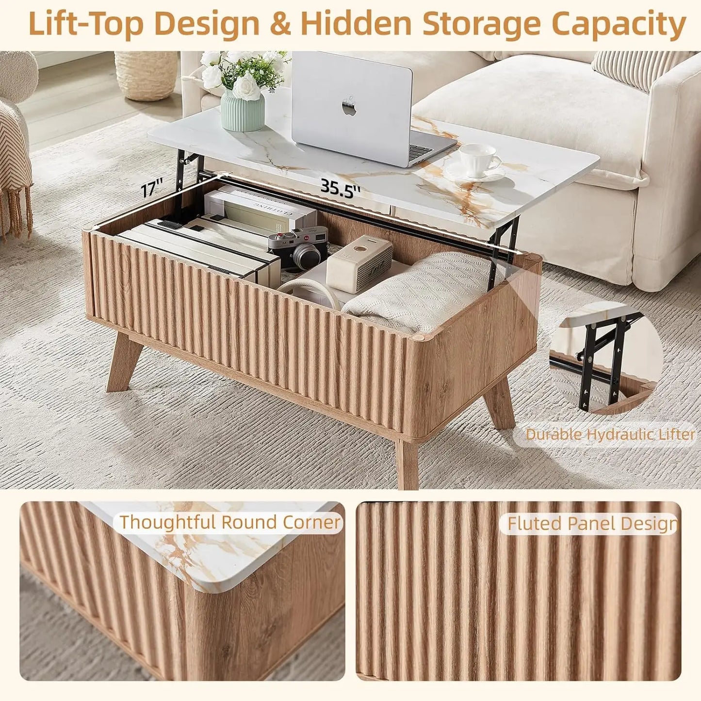 Cavo Marble Lift Top Coffee Table with Storage