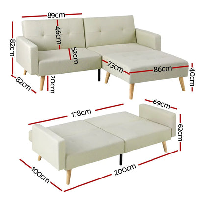 Roswell 3 Seater Fabric Sofa Bed & Ottoman - Beige