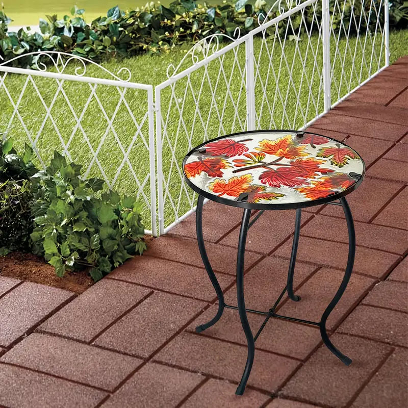 Outdoor Mosaic Side Table with Printed Maple Leaf Glass Top-2