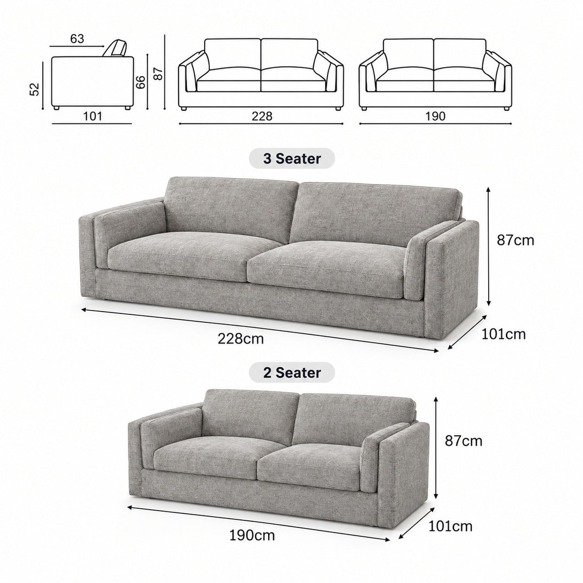 Direct Furniture Depot Atlas fabric feather cushion 3 and 2 seater lounge package with detailed dimensions