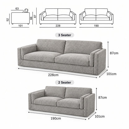 Direct Furniture Depot Atlas fabric feather cushion 3 and 2 seater lounge package with detailed dimensions