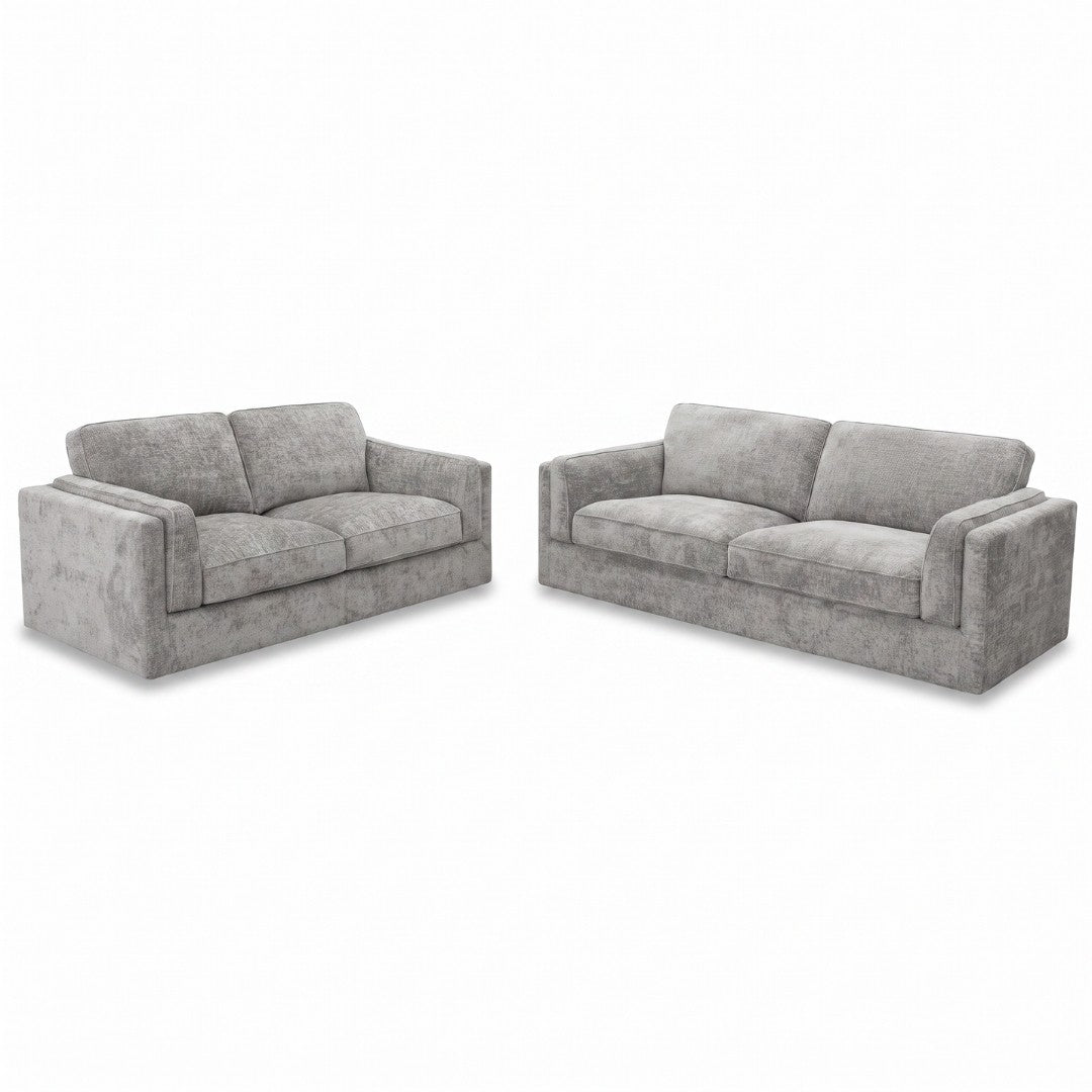 Direct Furniture Depot Atlas fabric 3 and 2 seater lounge package in light grey with plush feather cushions