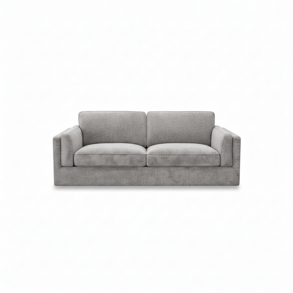 Direct Furniture Depot Atlas grey fabric two-seater lounge with plush feather cushions on a white background