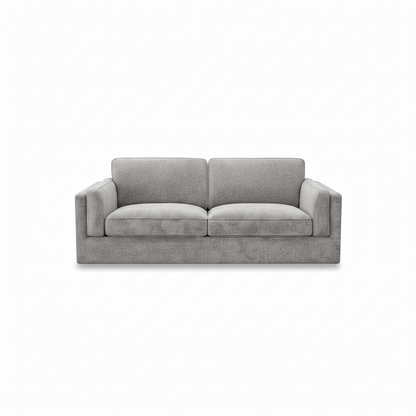 Direct Furniture Depot Atlas grey fabric two-seater lounge with plush feather cushions on a white background
