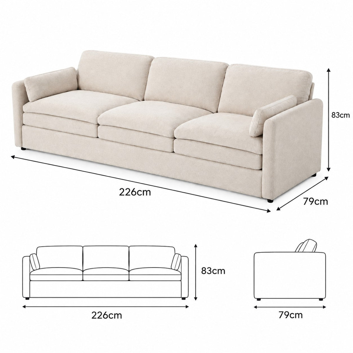 Direct Furniture Depot Aven 3 seater fabric lounge in beige with dimensions shown in a technical diagram