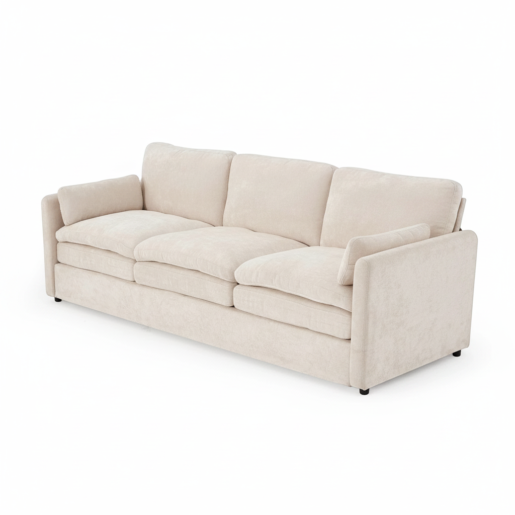Direct Furniture Depot Aven 3 seater fabric lounge in beige with removable cushion covers on a white background