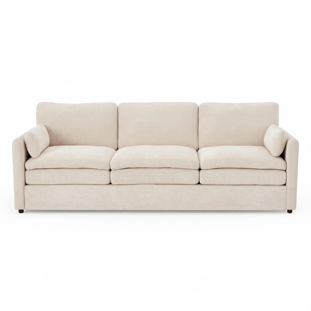 Direct Furniture Depot Aven 3 seater fabric sofa in beige with removable cushions, designed for easy home assembly.