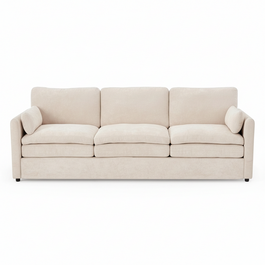 Direct Furniture Depot Aven 3 seater fabric sofa in beige with removable cushions, designed for easy home assembly.