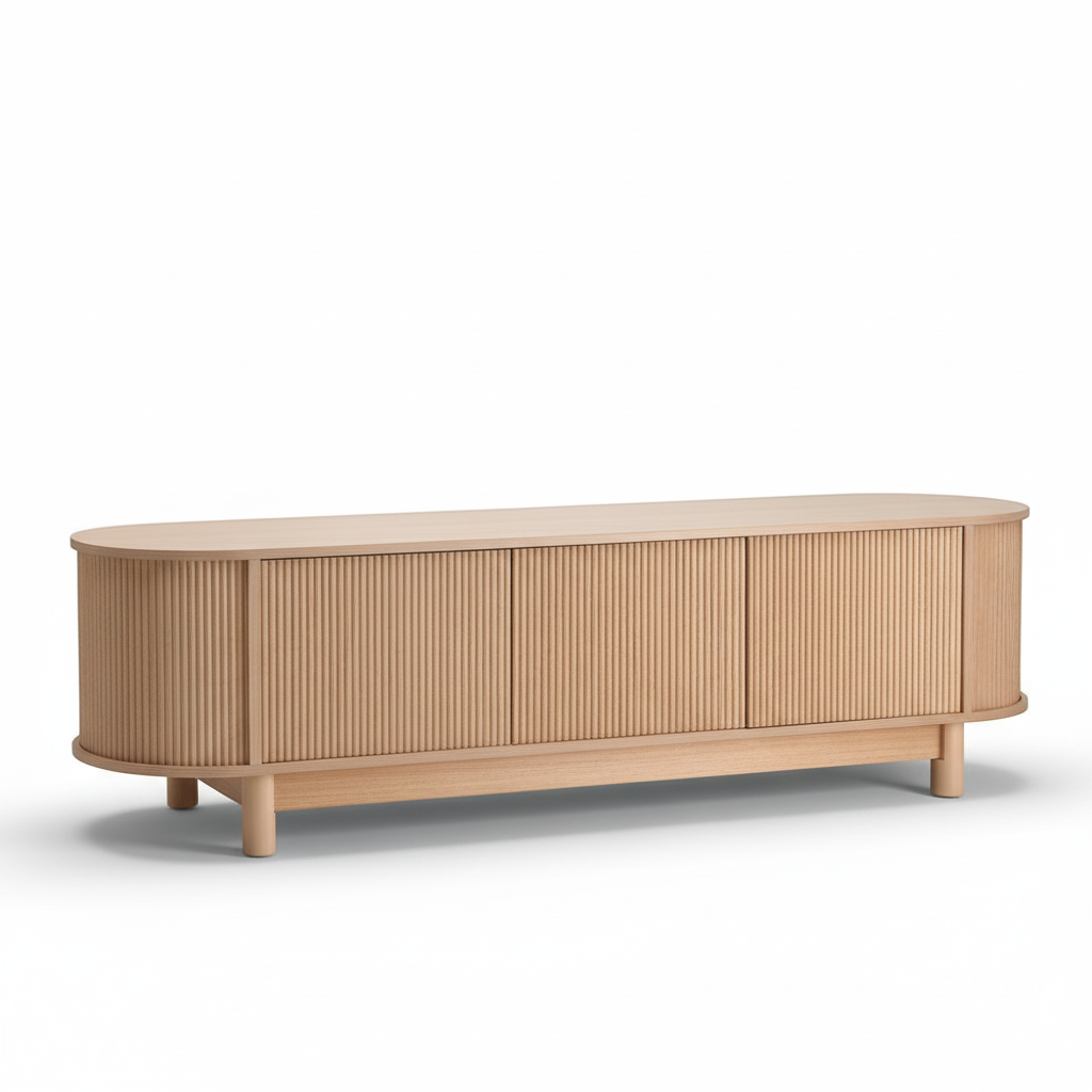 Direct Furniture Depot Aven 160cm TV unit in light wood with fluted cabinet doors and rounded edges.