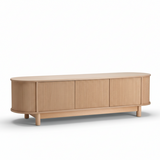 Direct Furniture Depot Aven 160cm TV unit in light wood with fluted cabinet doors and rounded edges.