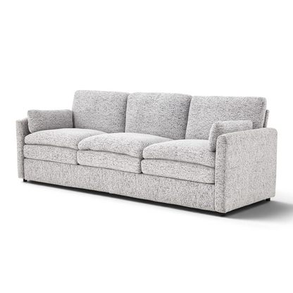 Direct Furniture Depot Aven 3 seater fabric lounge in light grey textured upholstery with removable cushion covers.
