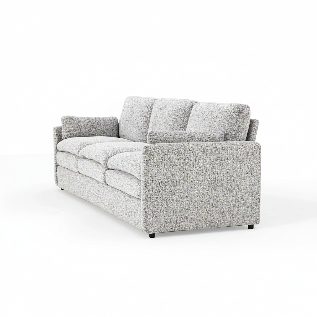 Direct Furniture Depot Aven 3 seater fabric lounge in light grey textured upholstery with removable cushion covers.
