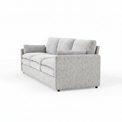 Direct Furniture Depot Aven 3 seater fabric lounge in light grey textured upholstery with removable cushion covers.