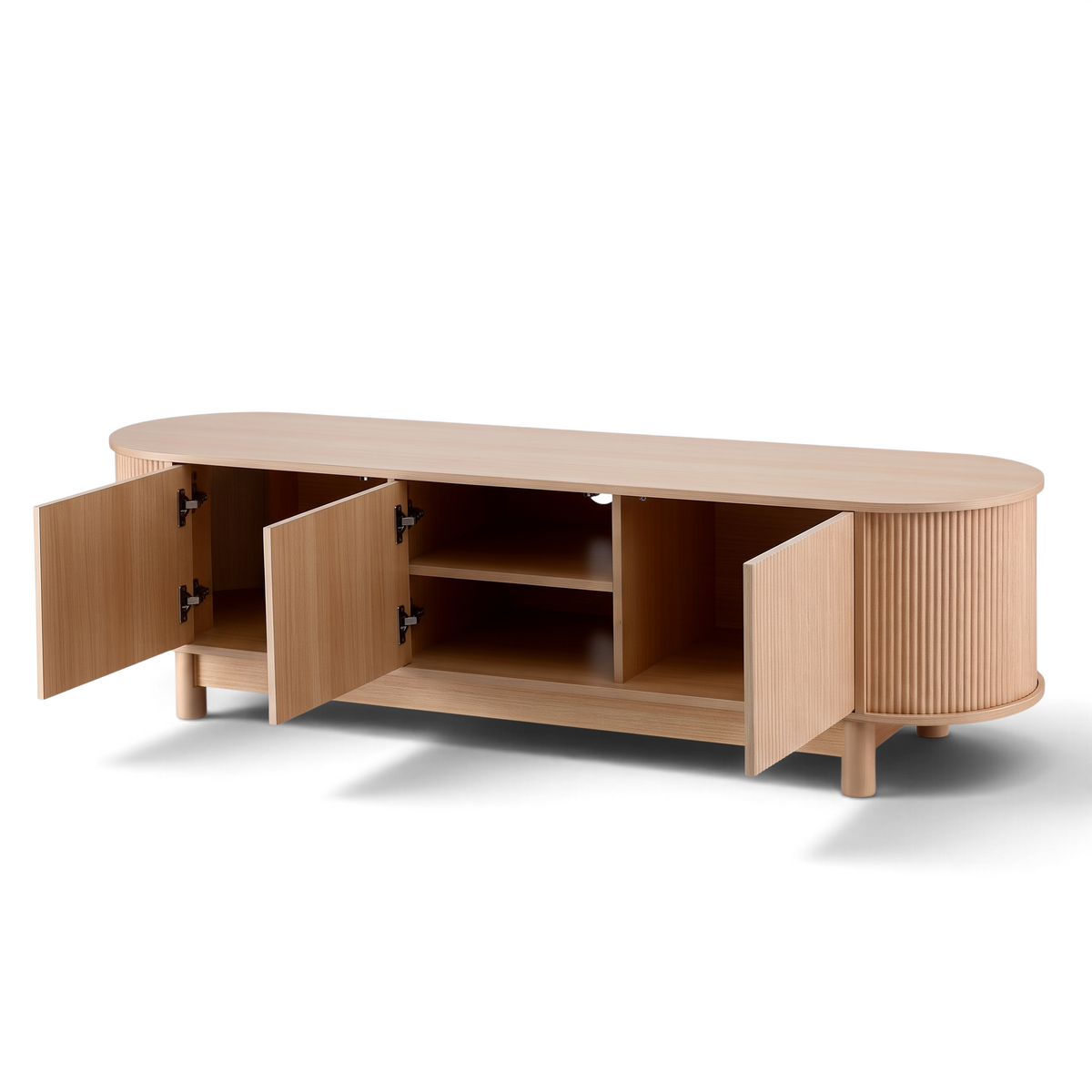 Direct Furniture Depot Aven 160cm light wood TV unit with fluted cabinet doors and open shelving on a white background.