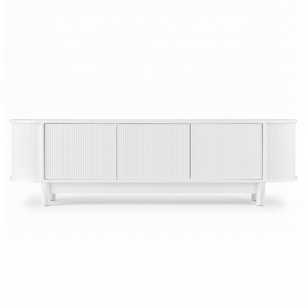 Direct Furniture Depot Aven 160cm white TV unit with modern fluted cabinet doors and solid wood feet.