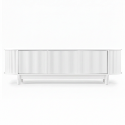 Direct Furniture Depot Aven 160cm white TV unit with modern fluted cabinet doors and solid wood feet.