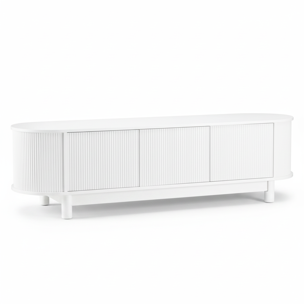 Direct Furniture Depot Aven 160cm white TV unit with fluted cabinet doors and rounded edges on a white background.