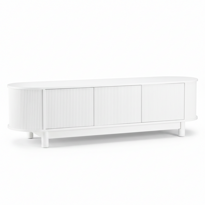 Direct Furniture Depot Aven 160cm white TV unit with fluted cabinet doors and rounded edges on a white background.