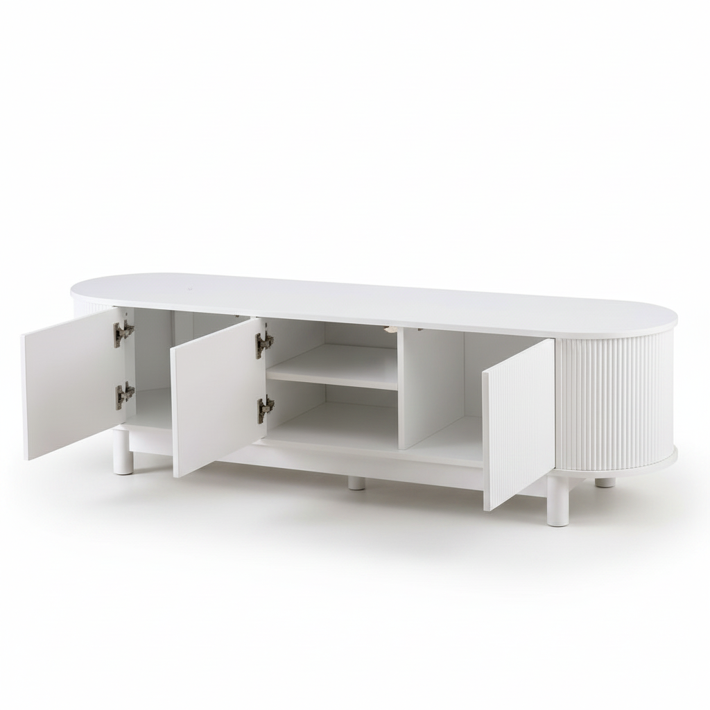Direct Furniture Depot Aven 160cm white TV unit with fluted cabinet doors and open shelving on a white background