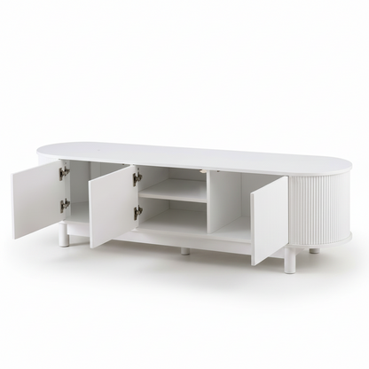 Direct Furniture Depot Aven 160cm white TV unit with fluted cabinet doors and open shelving on a white background
