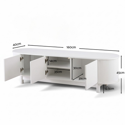 Direct Furniture Depot Aven 160cm white TV unit with fluted cabinet doors, open shelving, and solid wood legs.