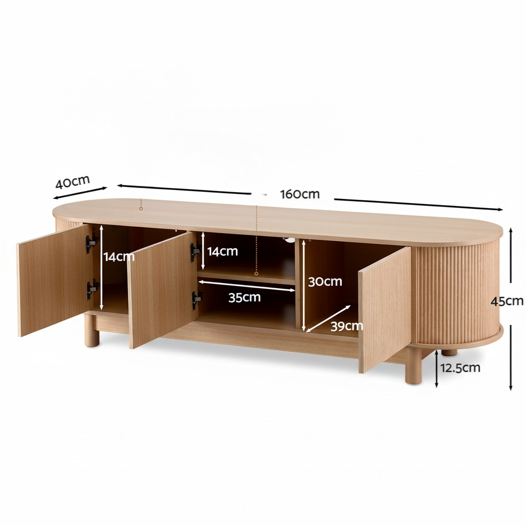 Direct Furniture Depot Aven 160cm light wood TV unit with fluted cabinet doors, open shelving, and solid wood feet.