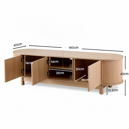 Direct Furniture Depot Aven 160cm light wood TV unit with fluted cabinet doors, open shelving, and solid wood feet.