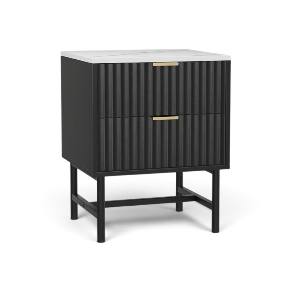 Direct Furniture Depot Celine black 2 drawer bedside table with a white marble-look top and gold handles