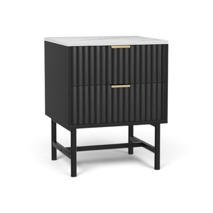Direct Furniture Depot Celine black 2 drawer bedside table with a white marble-look top and gold handles