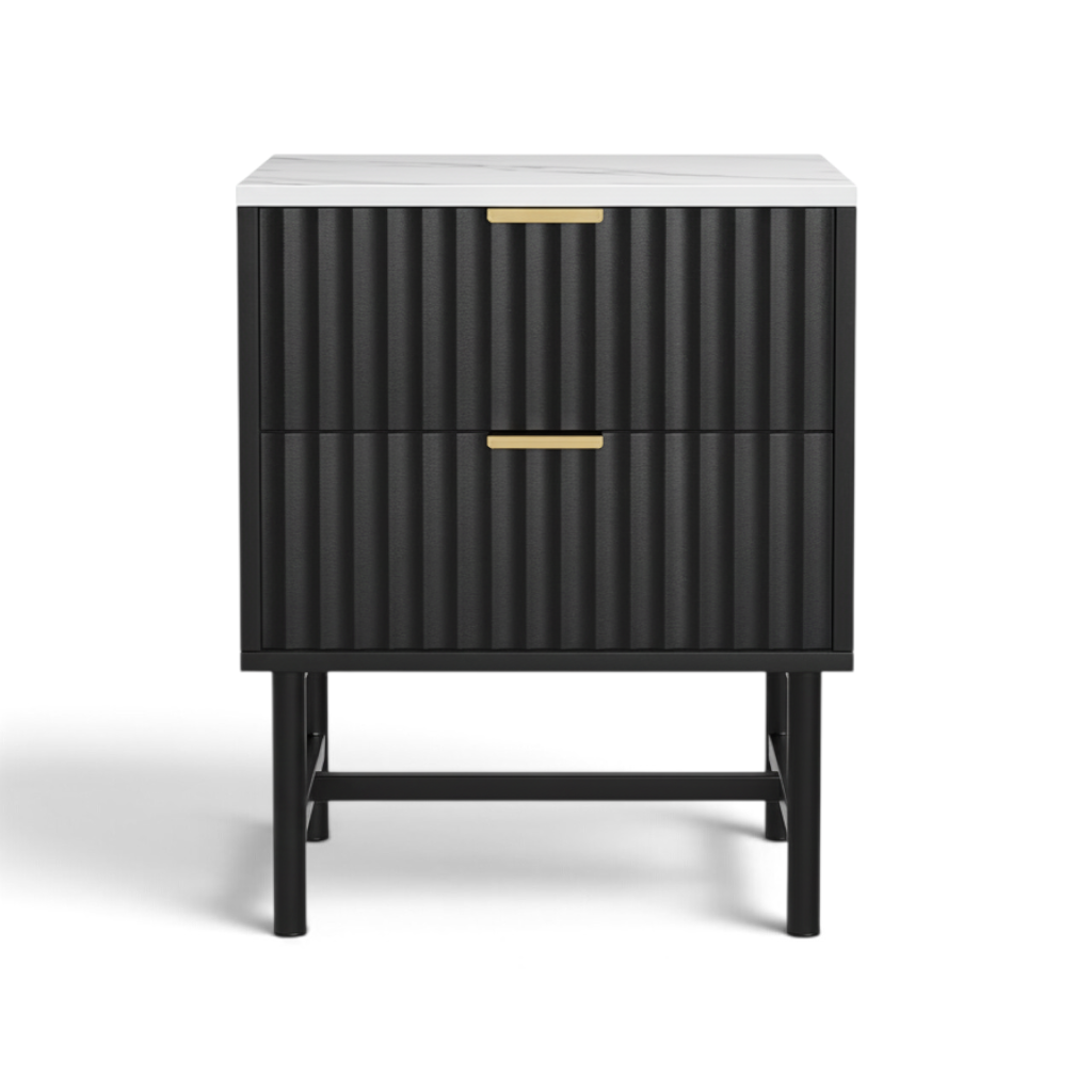 Direct Furniture Depot Celine 2 drawer bedside table in black with a white marble-look top and gold handles.