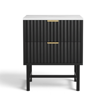 Direct Furniture Depot Celine 2 drawer bedside table in black with a white marble-look top and gold handles.