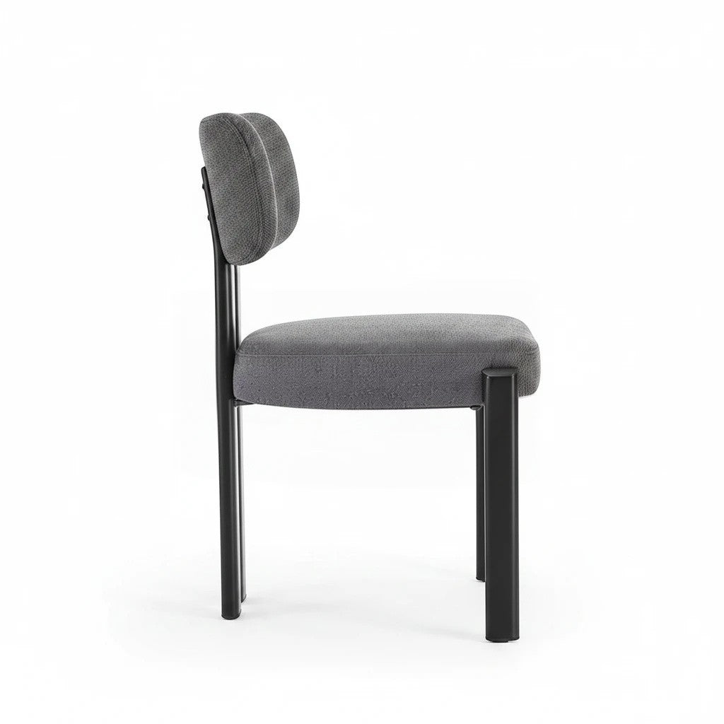 Direct Furniture Depot modern dining chair with a black frame and grey upholstered seat and backrest, side view