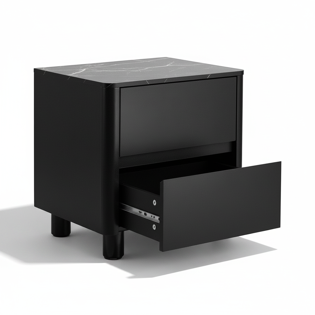 Direct Furniture Depot Hayes black bedside table with faux marble top and one open drawer on a white background.