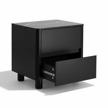Direct Furniture Depot Hayes black bedside table with faux marble top and one open drawer on a white background.