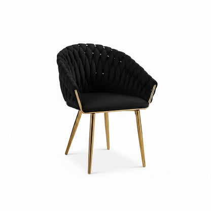 Direct Furniture Depot black velvet accent chair with a woven backrest and polished gold metal legs.