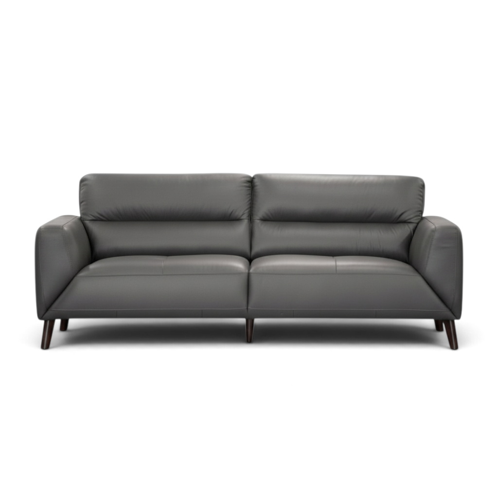 Direct Furniture Depot Celeste gunmetal grey leather 3 seater lounge with quilted seat and timber legs