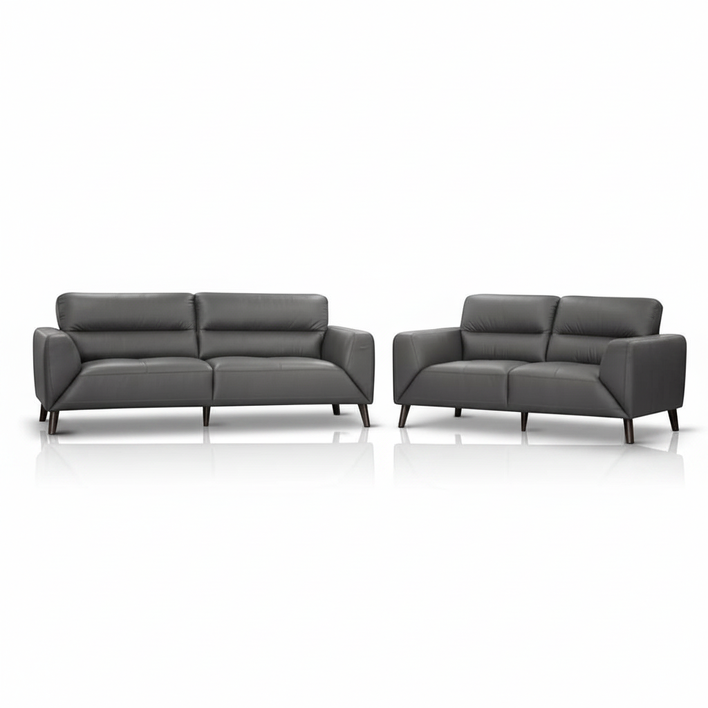 Direct Furniture Depot Celeste gunmetal grey leather lounge set featuring a 3-seater and 2-seater sofa with timber legs